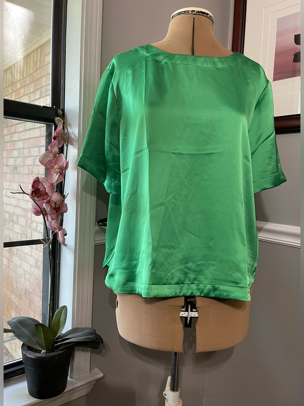 LOFT Emerald Green Satin Short Sleeve Blouse